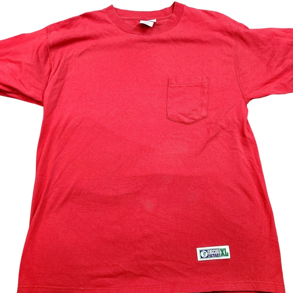 Discus Athletic Shirt Mens XL Red Pocket Logo Tee Cotton Jersey Knit Crew Neck
